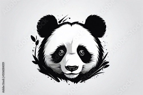Minimalist Panda Logo on a White Background Adorned with Green Leaves, Reflecting Minimalist Style and Elegance