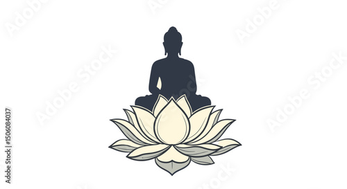 Serene Silhouette: A tranquil portrayal of a seated Buddha silhouette atop a blossoming lotus flower, inviting a sense of peace and spiritual reflection.