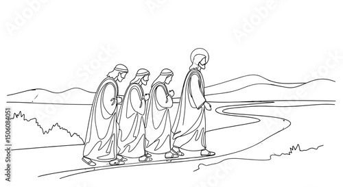 Spiritual Journey: A line drawing depicts a revered figure leading followers, embarking on a path of faith and devotion. Symbolizing guidance, unity, and the quest for spiritual enlightenment.