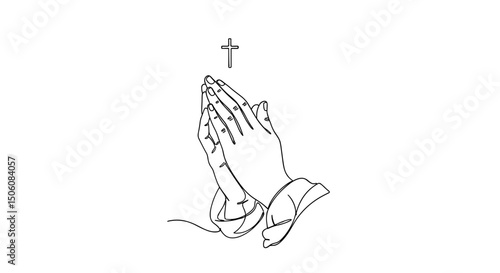 Symbol of Faith: Hands clasped in prayer beneath a subtle cross, representing devotion and spirituality. A stark, black and white line-art depiction.