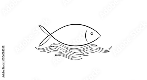 Tranquil Aquatic Icon: A minimalist illustration of a fish gracefully gliding above a stylized wave, conveying a sense of calm.