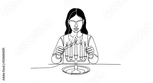 Hanukkah Blessing: A serene figure thoughtfully lights the candles of a menorah, celebrating a moment of spiritual reflection and cultural heritage. Capturing the essence of faith and tradition.