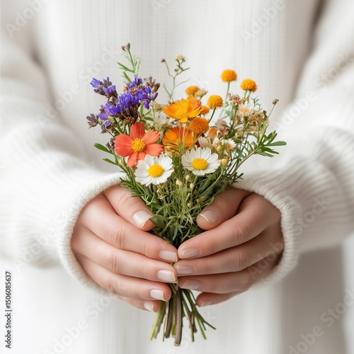 hand holding wildflower bouquet, wildflower bouquet gift in hand, natural wildflower bouquet for celebration