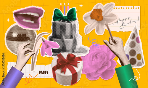 Happy birthday Halftone Collage design elements set in trendy dotted pop art style. Retro effect. Set of birthday elements. Hand with flower, cake, gift, conus cap, smiling mouth. Vector illustration