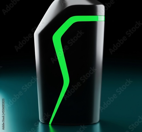 Premium image of black matte bottle with neon accents on turquoise surface, high resolution, sharp focus, full depth of field, space for text