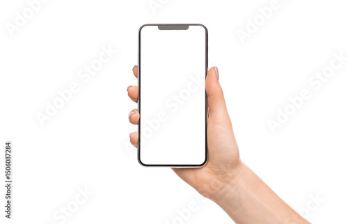 Quadro su tela Woman holding cellphone with big blank screen, isolated on white background, emp
