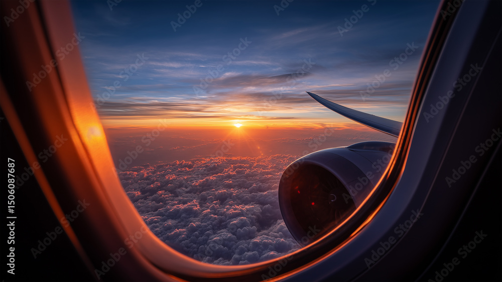 Fototapeta premium 飛行機の窓から望む夕焼け雲海