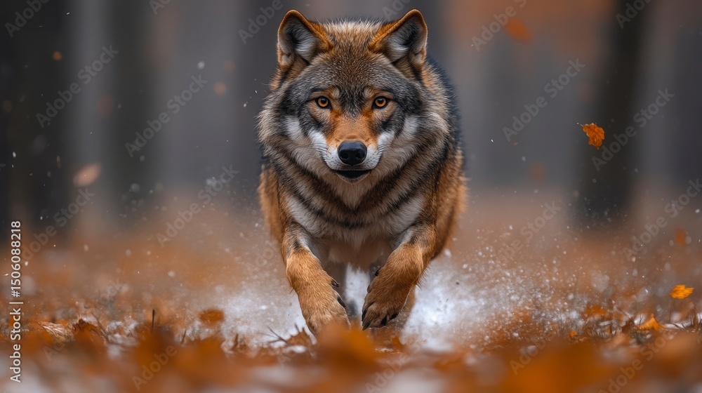 Wolf dashes through autumnal leaf-strewn forest, eyes focused intently Wolf dashes through autumnal leaf-strewn forest, eyes focused intently