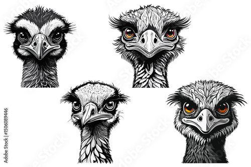 Emu bird head, Funny emu bird looking inquiringly black graphic sketch isolated on white background (Dromaius novaehollandiae)
