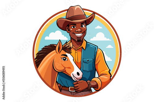 African american cowboy and brown horse, dark-skinned cowboy with his horse,