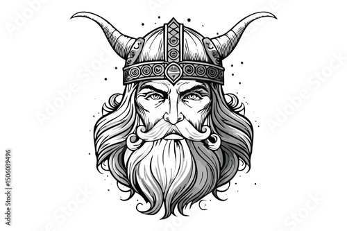 Black and white portrait of God Odin - Norse Mythology Art Antique Style, Odin, Norse God of Wisdom, A majestic illustration of Odin, the chief god in Norse mythology, depicted with his long beard