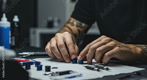 Man arranging small ink pots on a table with tattoo equipment visible hands and arm tattoos a focused work environment