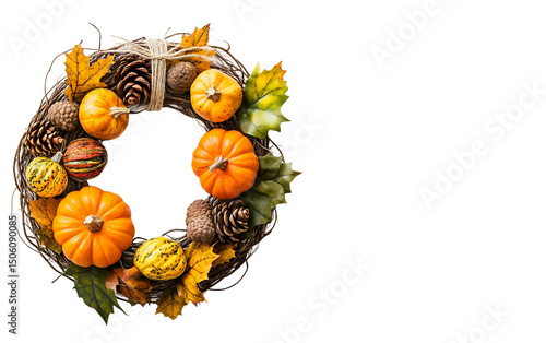 Handmade Fall Wreath Featuring Acorns Twine and Hanging Mini Pumpkins Isolated on Transparent Background