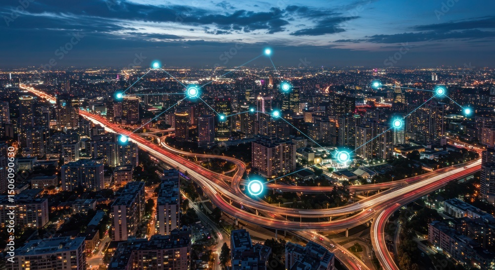 Obraz premium Cityscape connected by network at twilight