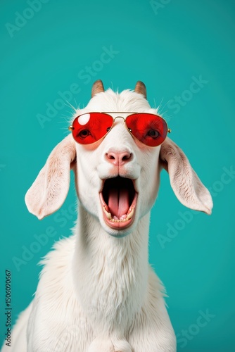 a goat wearing red sunglasses and making a funny face
