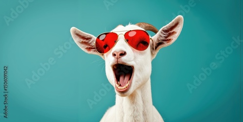 a goat wearing red sunglasses and a red hat