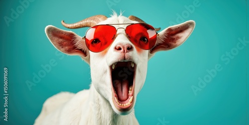 a goat wearing red sunglasses and making a funny face