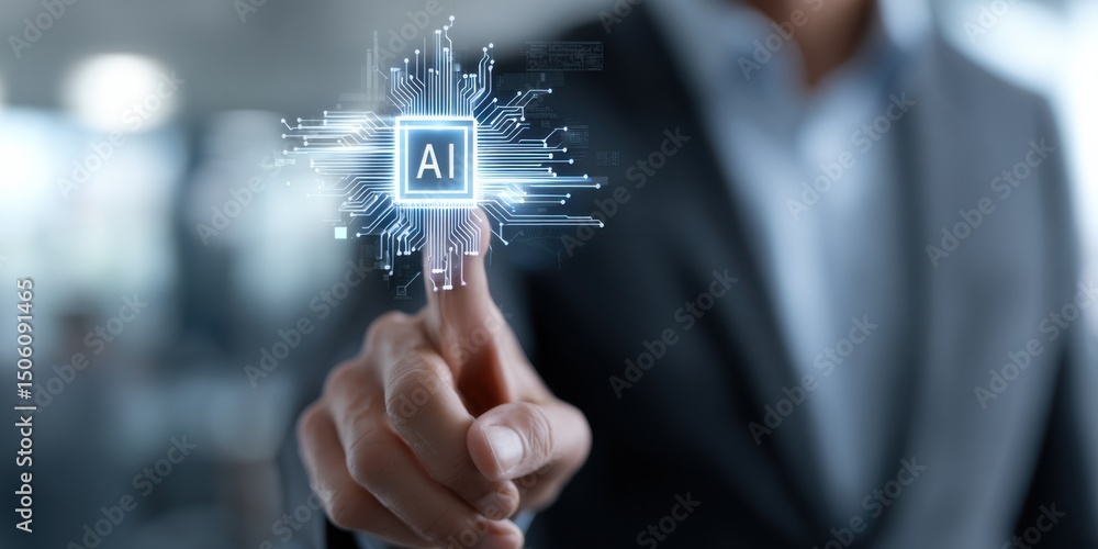 Business professional interacting with artificial intelligence technology in a modern office environment. Future digital transformation, Smart business solutions powered by innovation. Business professional interacting with artificial intelligence technology in a modern office environment. Future digital transformation, Smart business solutions powered by innovation.