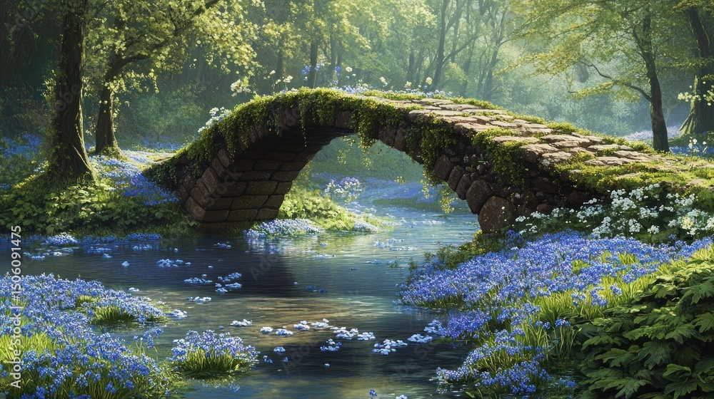 Fototapeta premium Ancient stone bridge over flowing stream in a lush forest