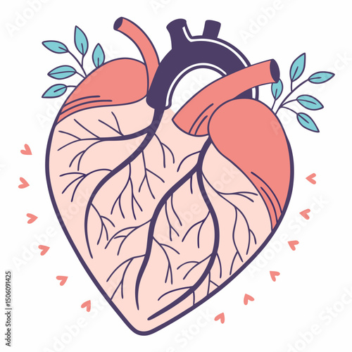 Stylized heart illustration with roots and leaves for love, wellness, or artistic projects
