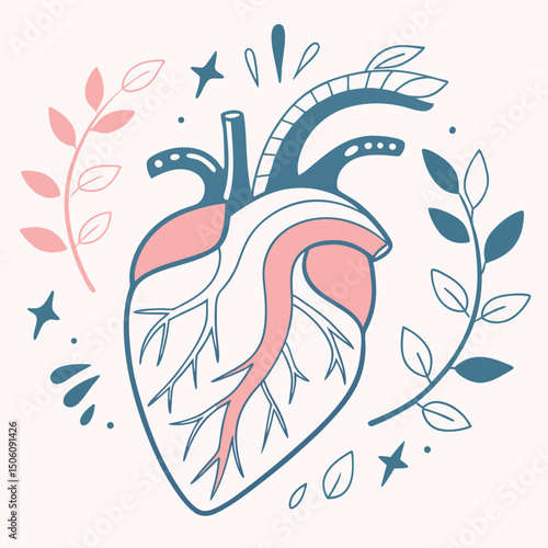 Stylized human heart surrounded by leaves and stars for artistic, medical, or wellness applications