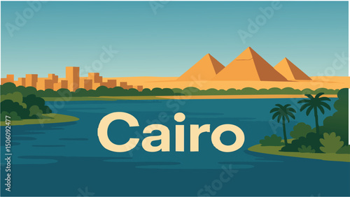 Cairo?s Nile River and the Pyramids at Sunset.eps