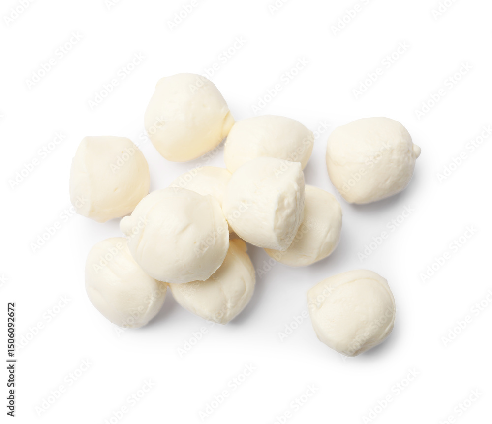 Many tasty mozzarella cheese balls isolated on white, top view Many tasty mozzarella cheese balls isolated on white, top view