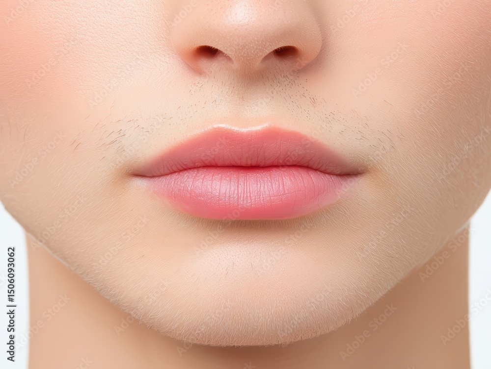 Fototapeta premium Close-up of Soft Lips with Natural Skin Texture and Subtle Facial Hair on Pale Background