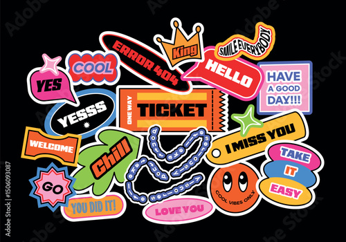 Wallpaper Mural Futuristic y2k patches, labels, tags, bracelet stamps in retro style. Doodle short phrases in flat style.Cartoon stickers in funky hipster groovy grunge 90s style. Cute vector set, fashion promo label Torontodigital.ca