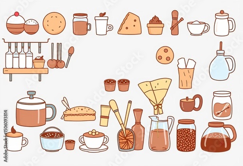 Cute hand-drawn vector icons of coffee shop supplies, bakery items, and equipment Ideal for cafe menus,  drink,  cafe