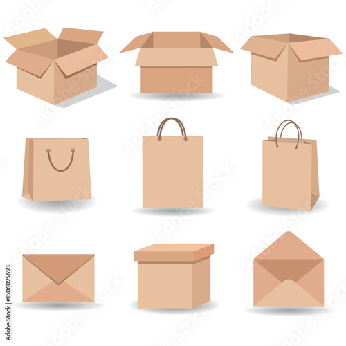 Illustration of a set of cardboard boxes and bags with shadow on a white background