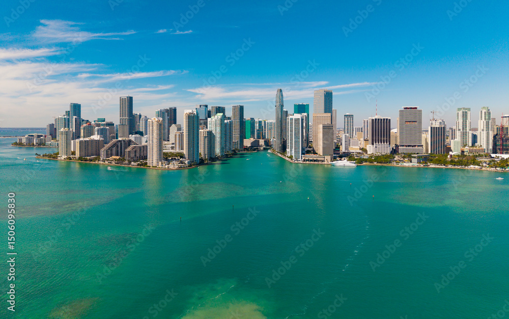 Fototapeta premium Skyscraper building. Cityscape building downtown. City architecture. Miami skyline. Florida skyscraper cityscape. Miami city skyline view of Brickell key. Miami downtown. Brickell Miami