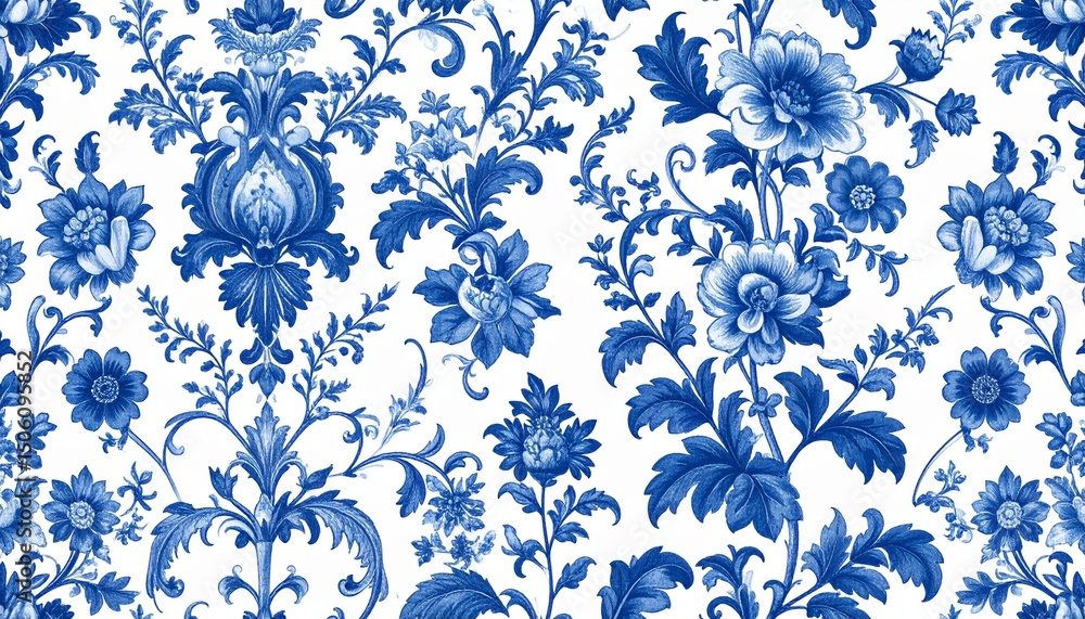 クラシックな青い花柄パターン(トワル・ド・ジュイ風) / Classic Blue Floral Pattern (Toile de Jouy Style) クラシックな青い花柄パターン(トワル・ド・ジュイ風) / Classic Blue Floral Pattern (Toile de Jouy Style)