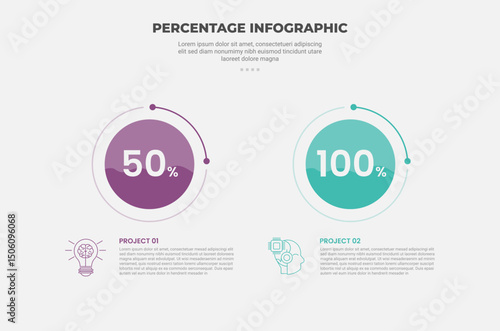 percentage or percent infographic outline style with 2 point template with big circle and small outline circle opposite direction for slide presentation