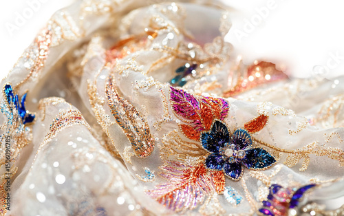 Detailed View of Hand-Embroidered Textile Featuring Sparkling Sequin Accents Isolated on Transparent Background