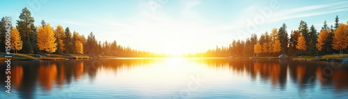 Serene Autumn Landscape with Golden Trees Reflected in Calm Waters at Sunrise on a Peaceful Lake