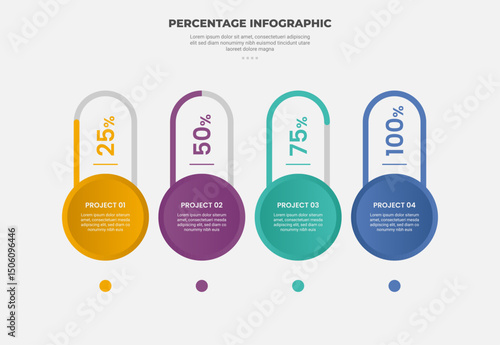 percentage or percent infographic outline style with 4 point template with big circle and round rectangle top progress for slide presentation
