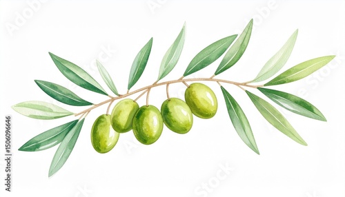 watercolor painting of olive branch with green olives and leaves botanical illustration for design