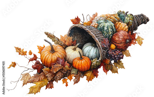 Beautiful Autumn Cornucopia Overflowing with Colorful Pumpkins and Gourds Isolated on Transparent Background