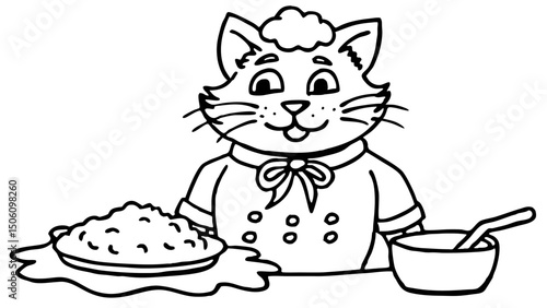 Cartoon gato chef sonriendo con plato de comida y tazón sobre la mesa  