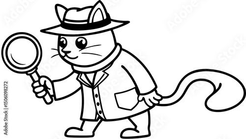 Gato detective con lupa en estilo cartoon  