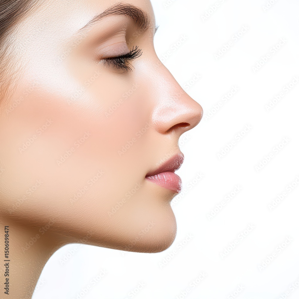 Elegant Profile of a Young Woman with Smooth Skin, Soft Features, and Natural Beauty Isolated on White Background Elegant Profile of a Young Woman with Smooth Skin, Soft Features, and Natural Beauty Isolated on White Background