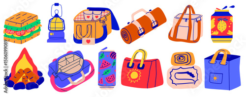 Summer picnic or camping objects. Hand drawn travel elements. Vector set