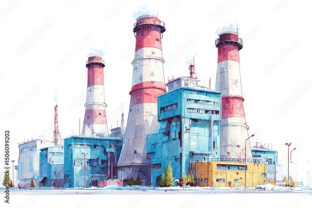 Obraz premium Industrial Complex with Red and White Chimneys Emitting Smoke Modern Factory Architecture Urb