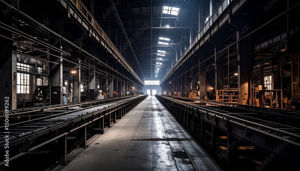 an old industrial processing factory with an overhead conveyor system featuring contemporary cinematic lighting that creates a dramatic and moody atmosphere an old industrial processing factory with an overhead conveyor system featuring contemporary cinematic lighting that creates a dramatic and moody atmosphere