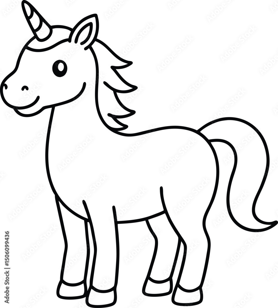 Fototapeta premium Smiling Black and White Unicorn Line Drawing for Fun Coloring Book Activities