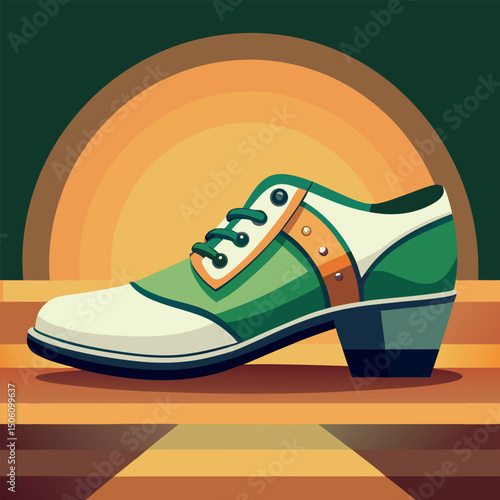Stylish green and white shoe stands on a vibrant retro stage at sunset, showcasing a unique design and flair Generative AI