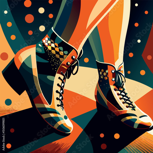 Colorful vintage lace-up boots displayed in a dynamic pattern against a lively background featuring bold shapes and colors Generative AI