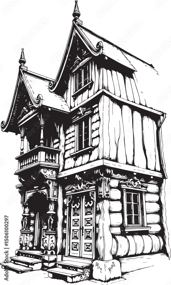 Fototapeta premium Ancient Slavic architecture, the patterns are made with wood carvings. Hand drawn vector illustration