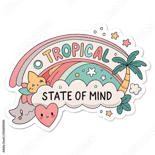 Cute tropical state of mind rainbow illustration featuring pastel colors and beach vibes